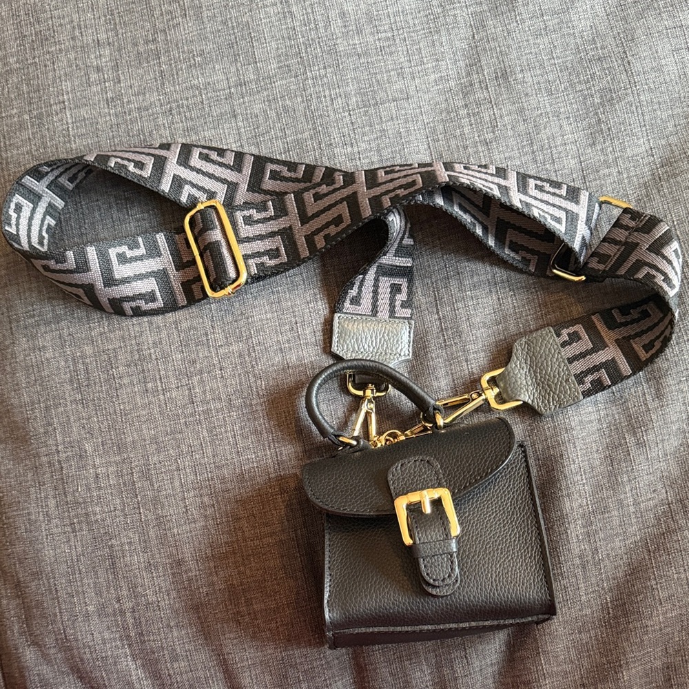 Italian Genuine Leather Black Mini Crossbody Bag with Patterned Strap